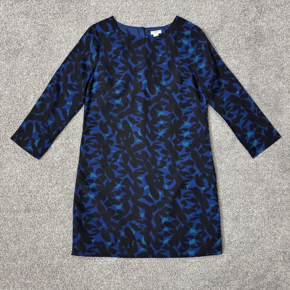 J. Crew Dress Womens 4 Blue Black Floral 3/4 Sleeve Shift Lined Office Workwear